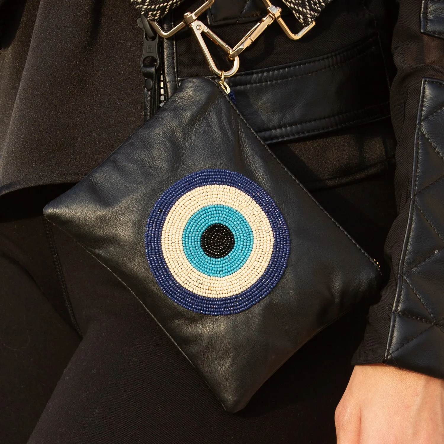 Sidney Byron Leather Mini Clutch With "Evil Eye" Beading in Black
