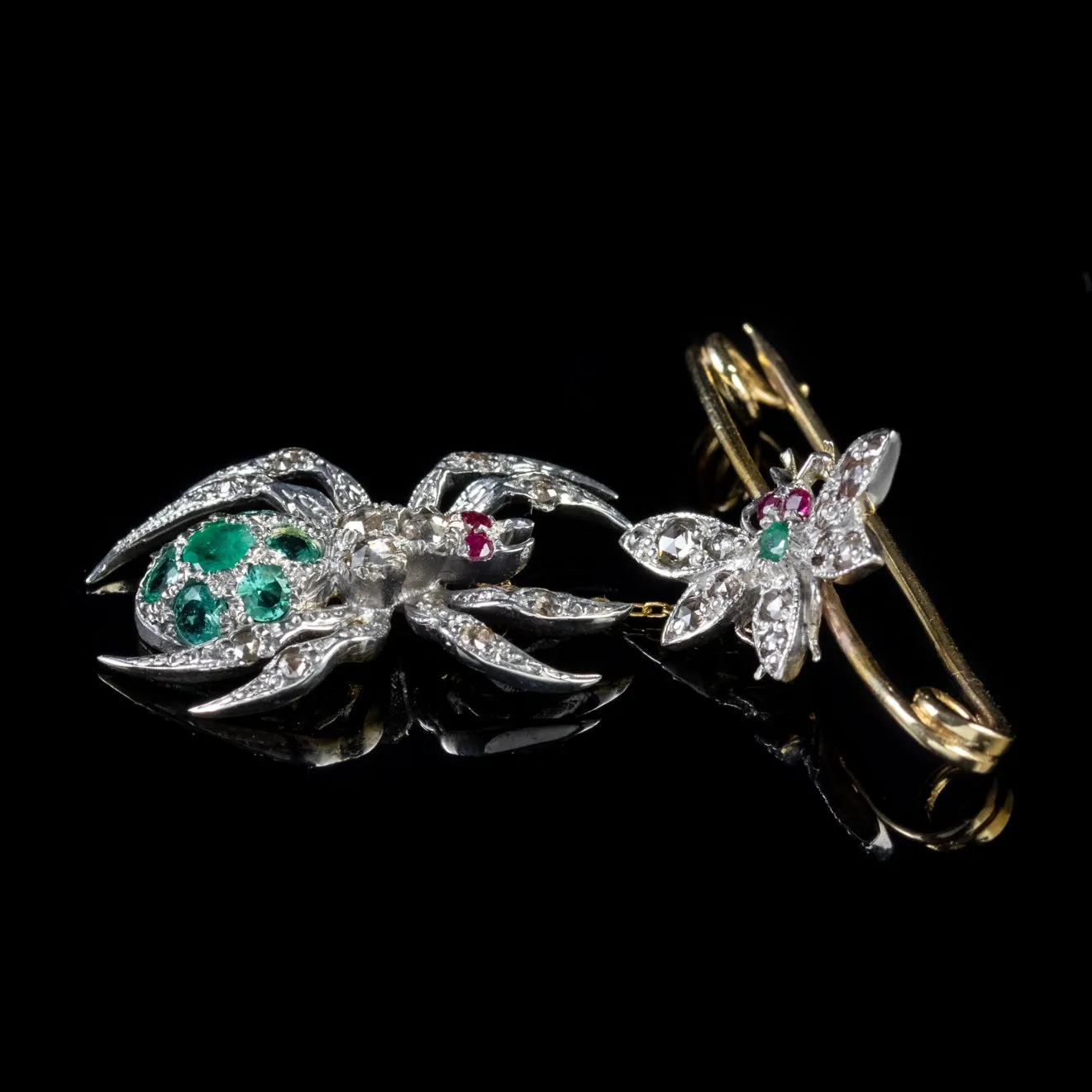 Spider Fly Brooch Emerald Diamond Ruby 18Ct Gold Silver