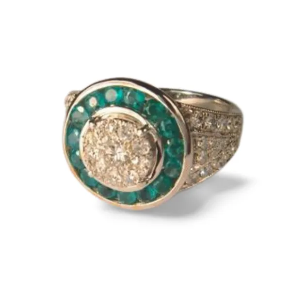 Stunning 18K White Gold Diamond Emerald Art Deco Ring Band