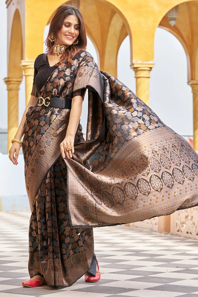 Stunning Black Kanjivaram Silk Saree With Divine Blouse Piece