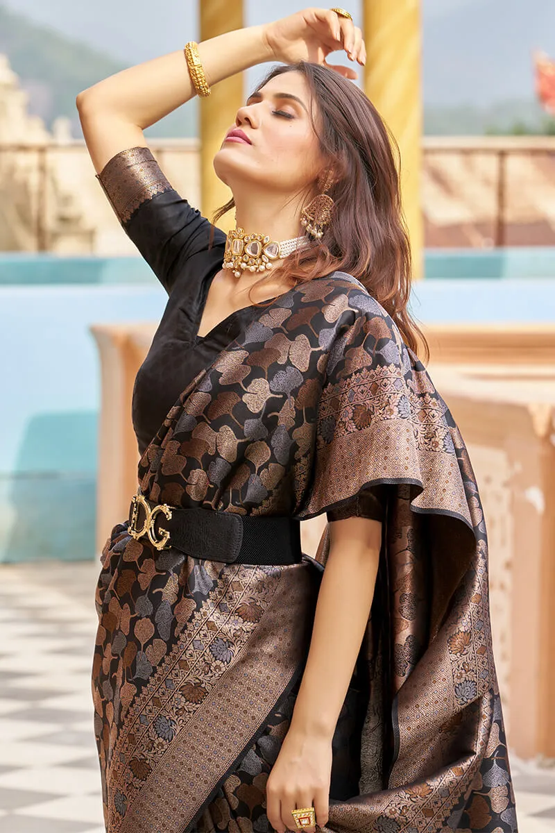 Stunning Black Kanjivaram Silk Saree With Divine Blouse Piece