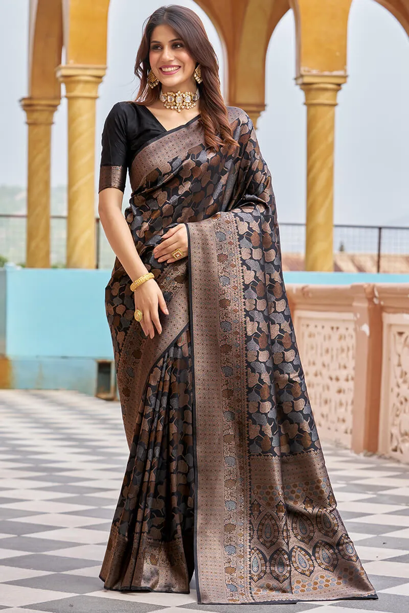 Stunning Black Kanjivaram Silk Saree With Divine Blouse Piece