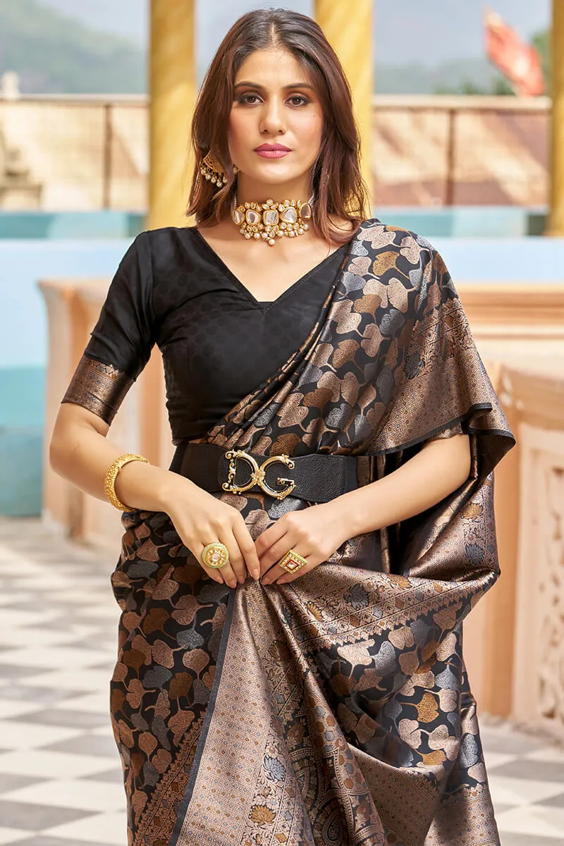 Stunning Black Kanjivaram Silk Saree With Divine Blouse Piece