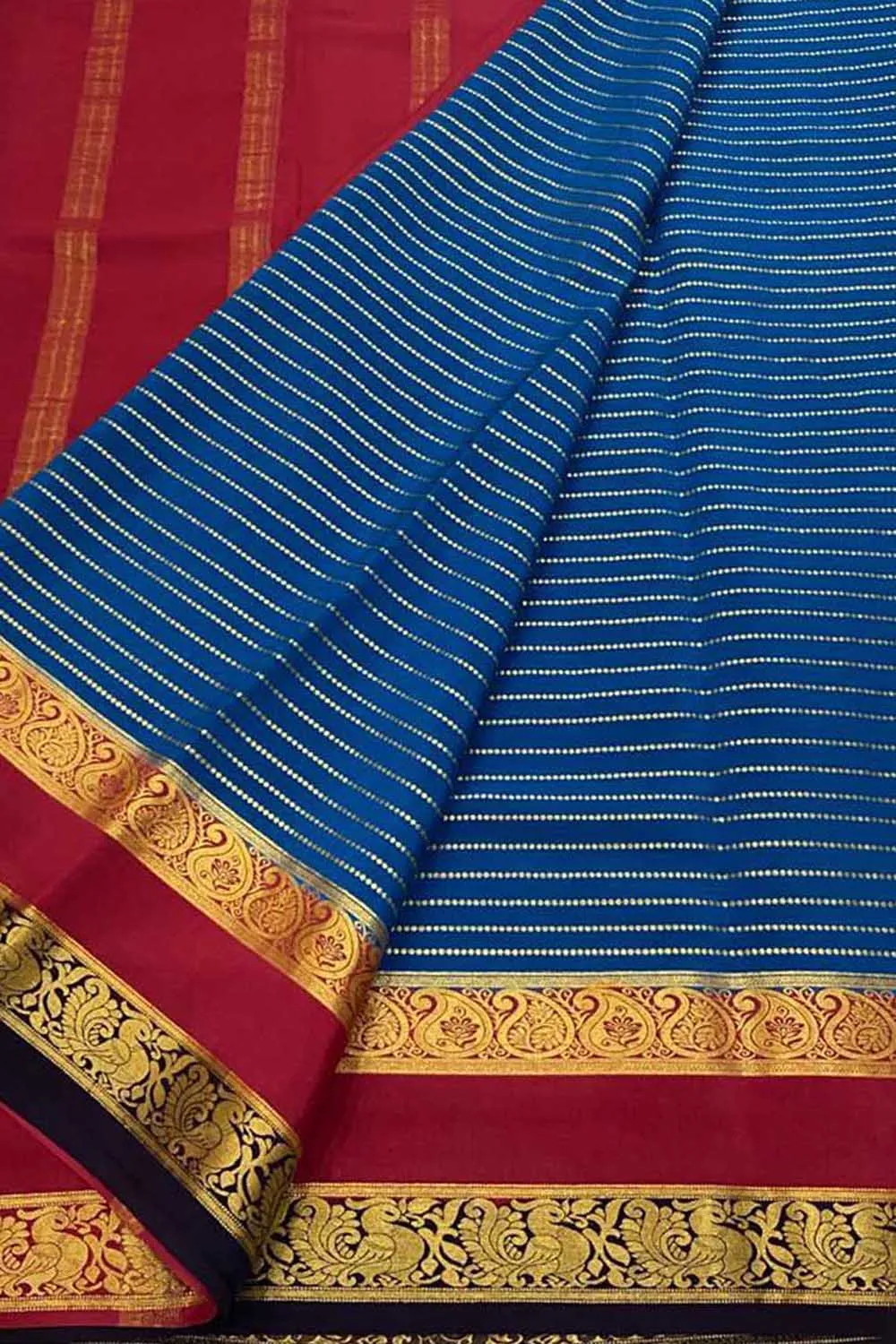 Stunning Blue & Red Mysore Crepe Silk Saree