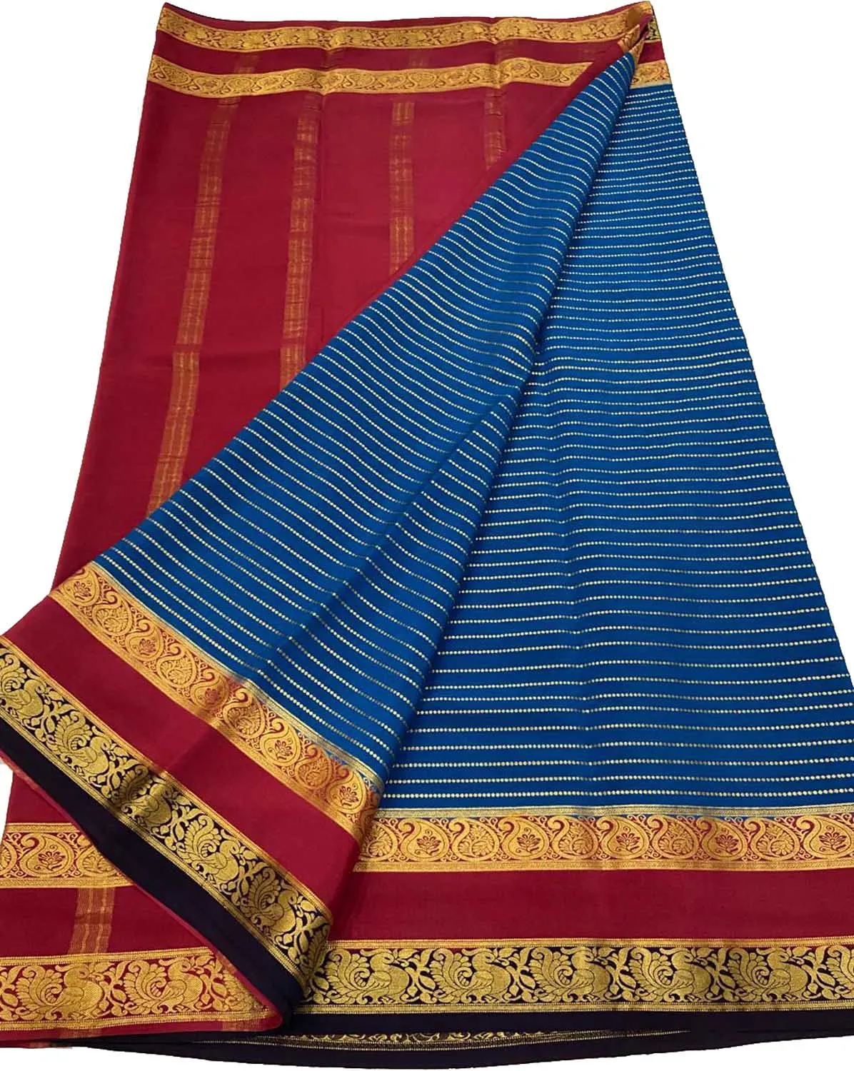Stunning Blue & Red Mysore Crepe Silk Saree