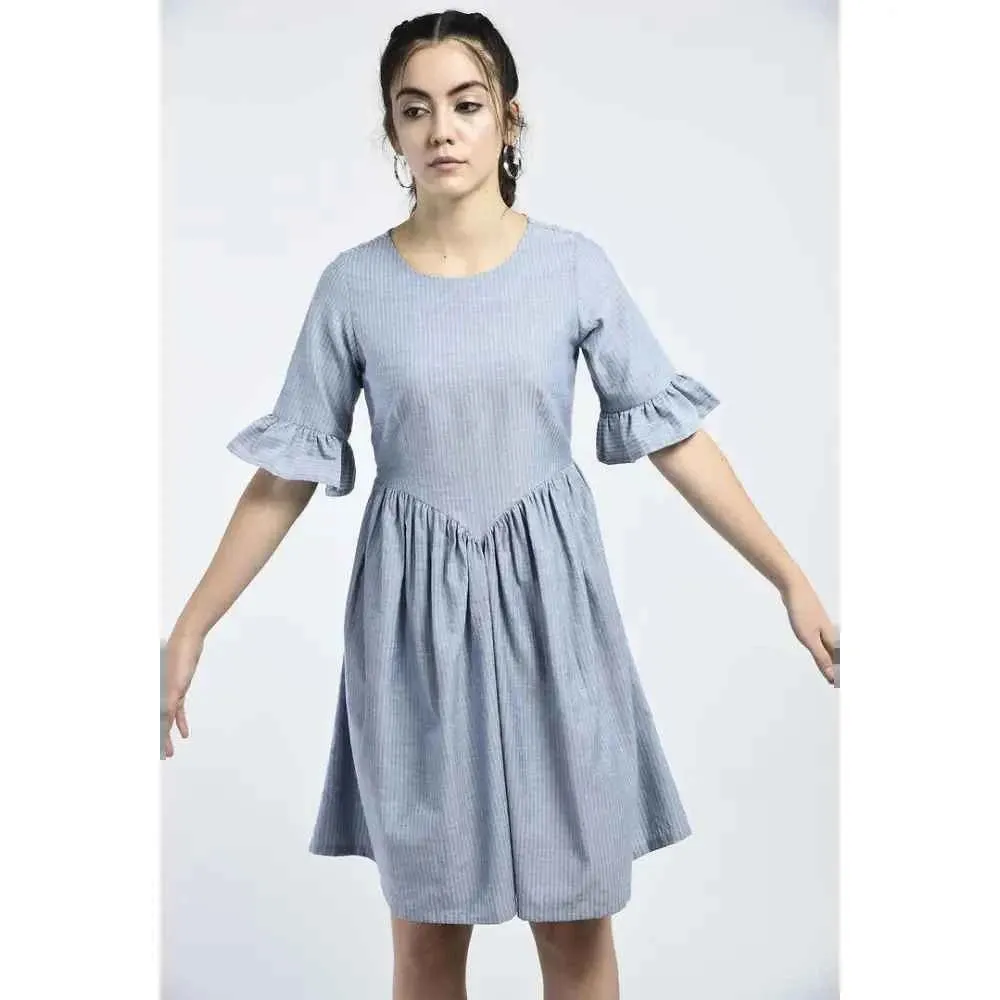 Stunning Blue Cotton Self Design Dress