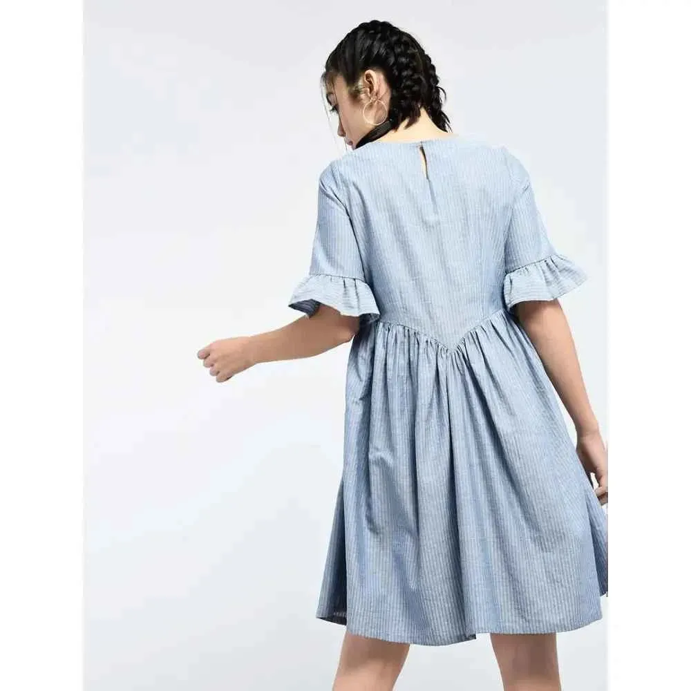 Stunning Blue Cotton Self Design Dress