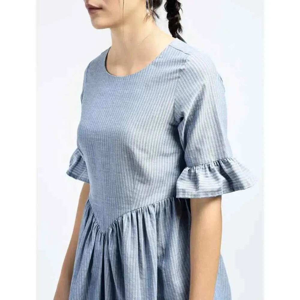 Stunning Blue Cotton Self Design Dress