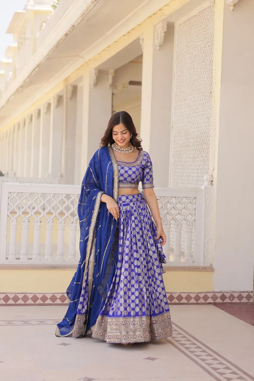 Stunning Dyeable Viscose Jacquard Blue Lehenga Set with Embroidered Sequins