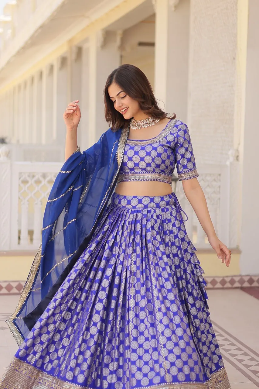 Stunning Dyeable Viscose Jacquard Blue Lehenga Set with Embroidered Sequins