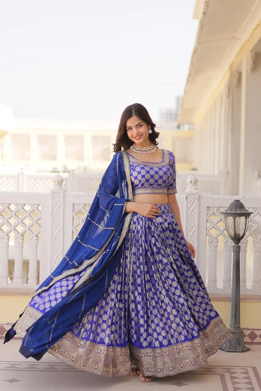 Stunning Dyeable Viscose Jacquard Blue Lehenga Set with Embroidered Sequins