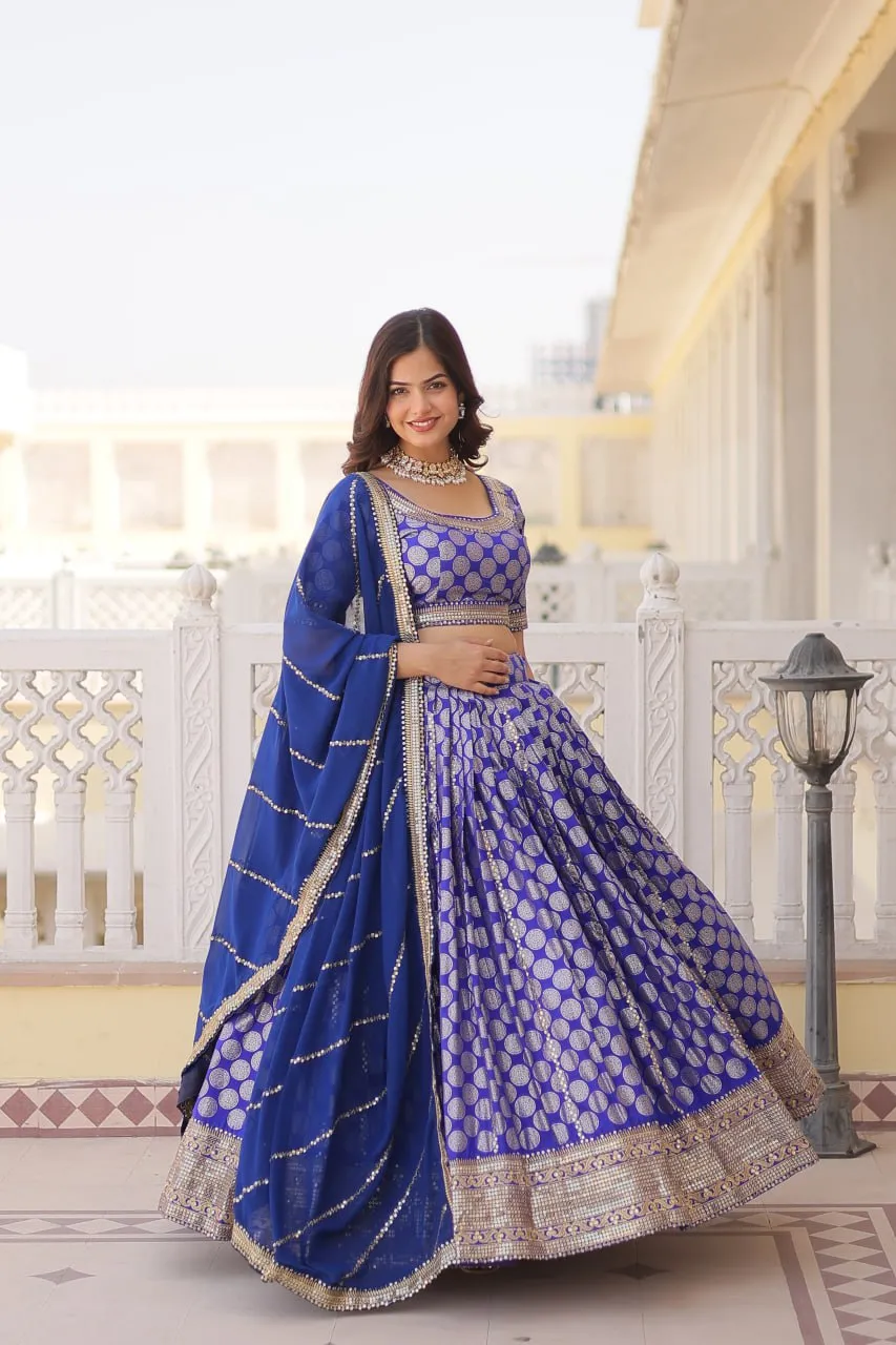 Stunning Dyeable Viscose Jacquard Blue Lehenga Set with Embroidered Sequins