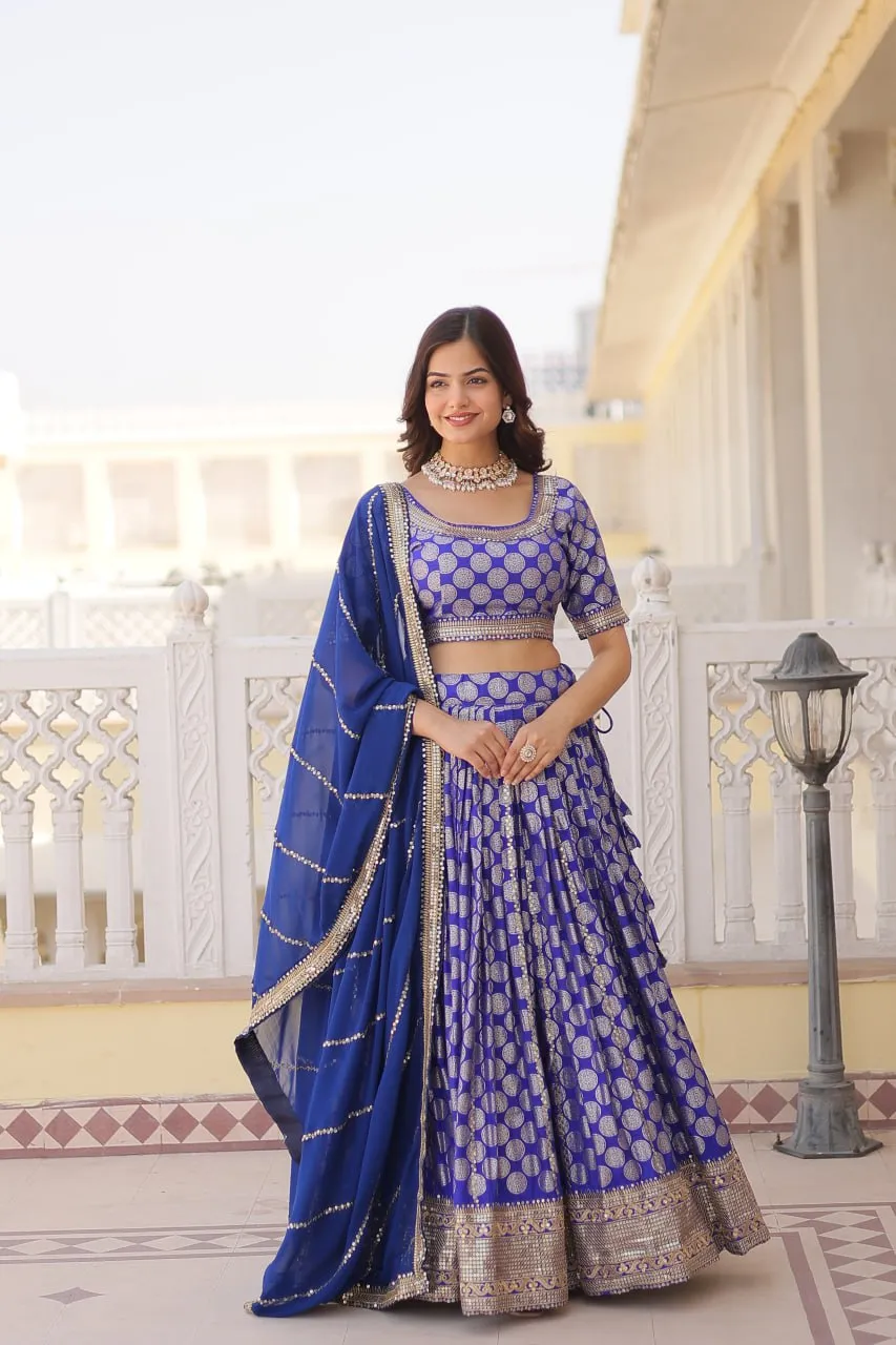 Stunning Dyeable Viscose Jacquard Blue Lehenga Set with Embroidered Sequins