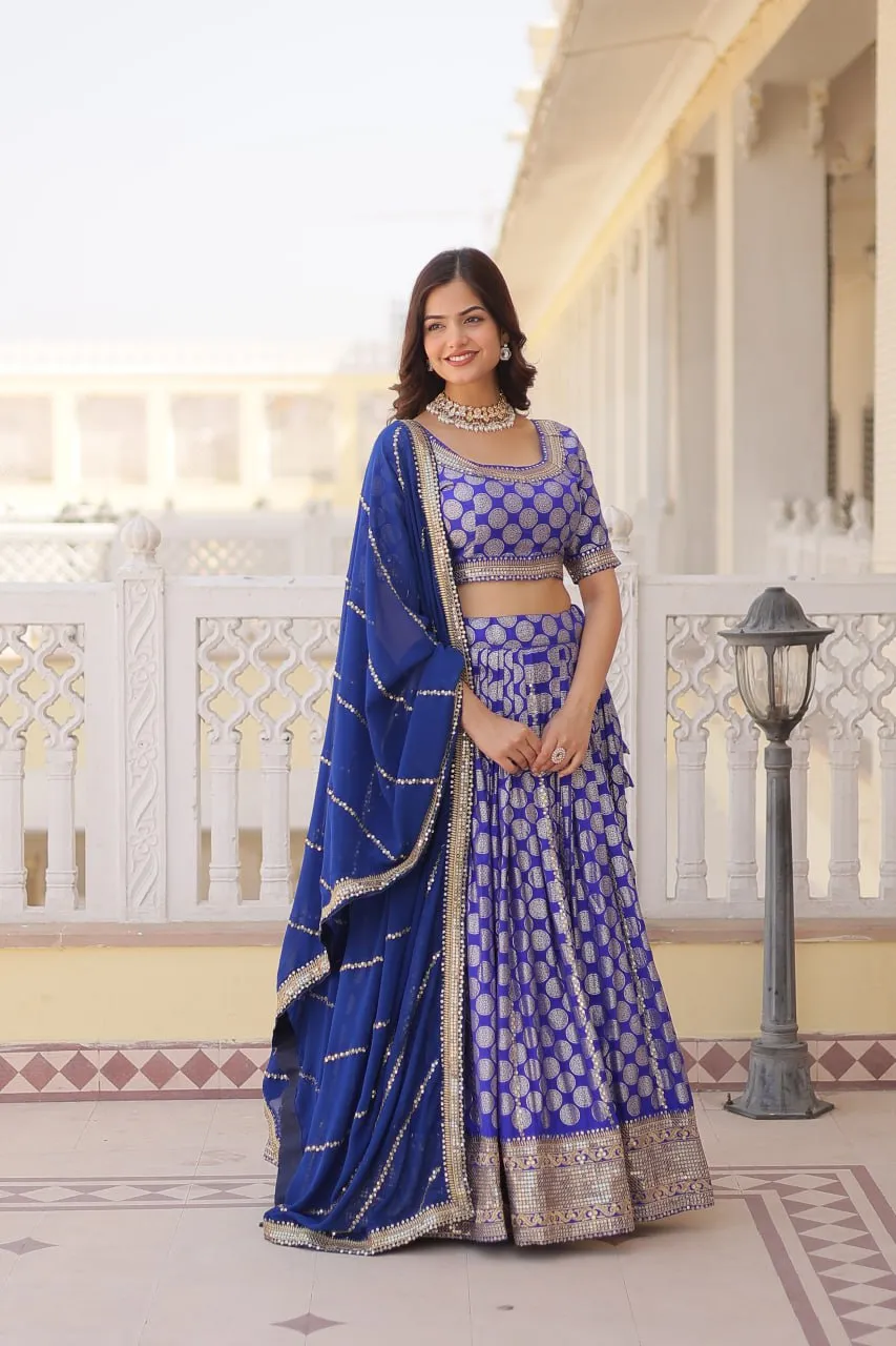 Stunning Dyeable Viscose Jacquard Blue Lehenga Set with Embroidered Sequins