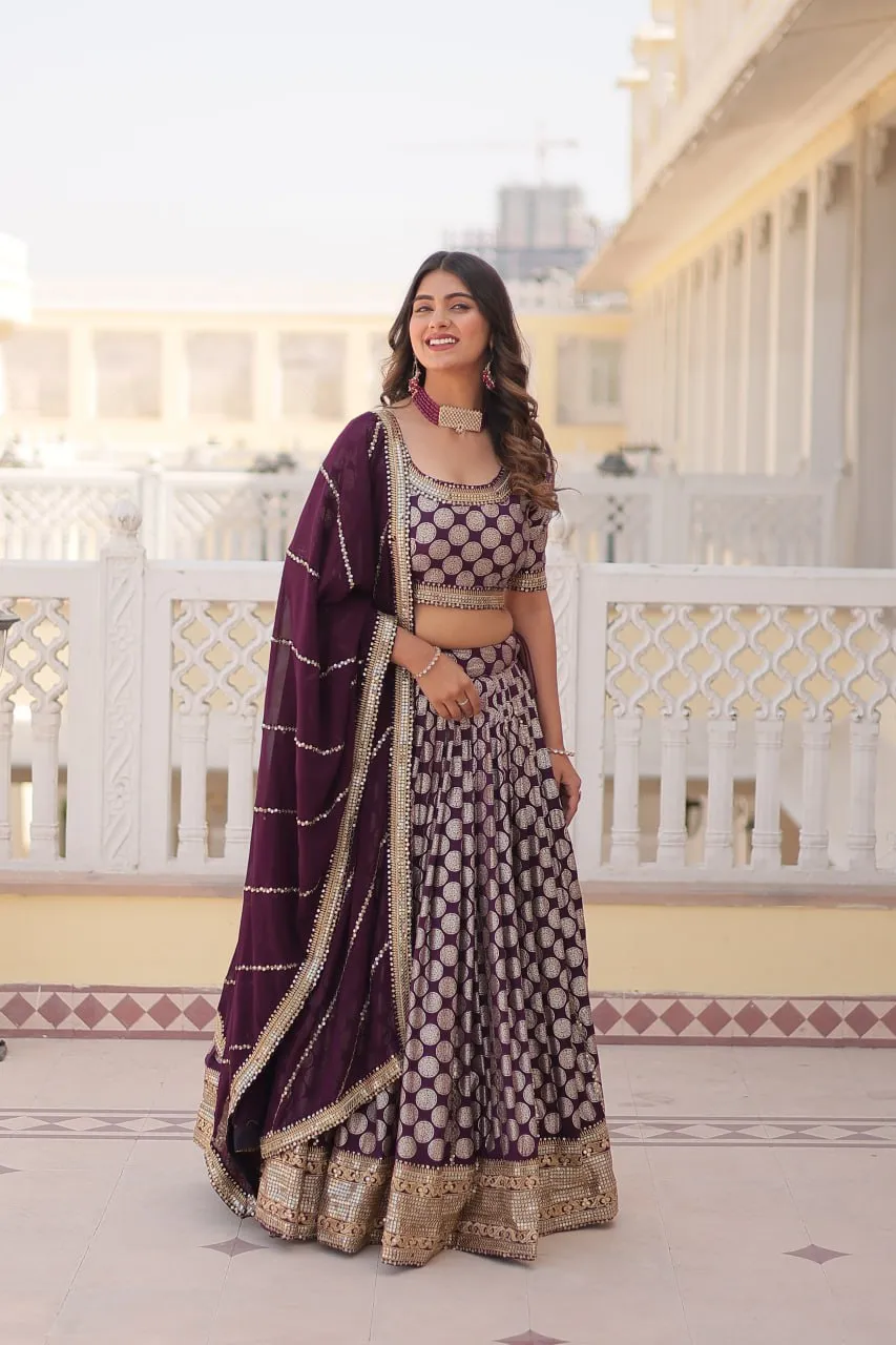 Stunning Dyeable Viscose Jacquard Wine Lehenga Set with Embroidered Sequins