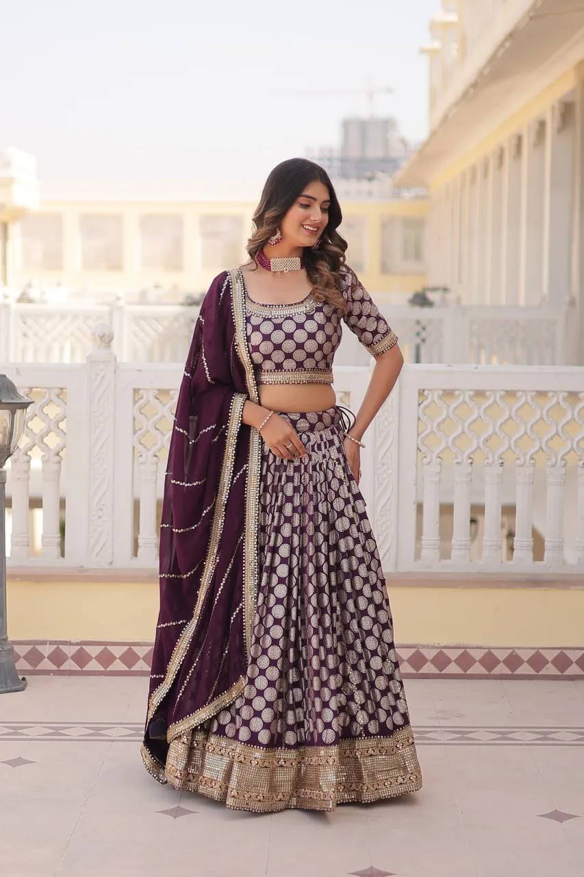 Stunning Dyeable Viscose Jacquard Wine Lehenga Set with Embroidered Sequins