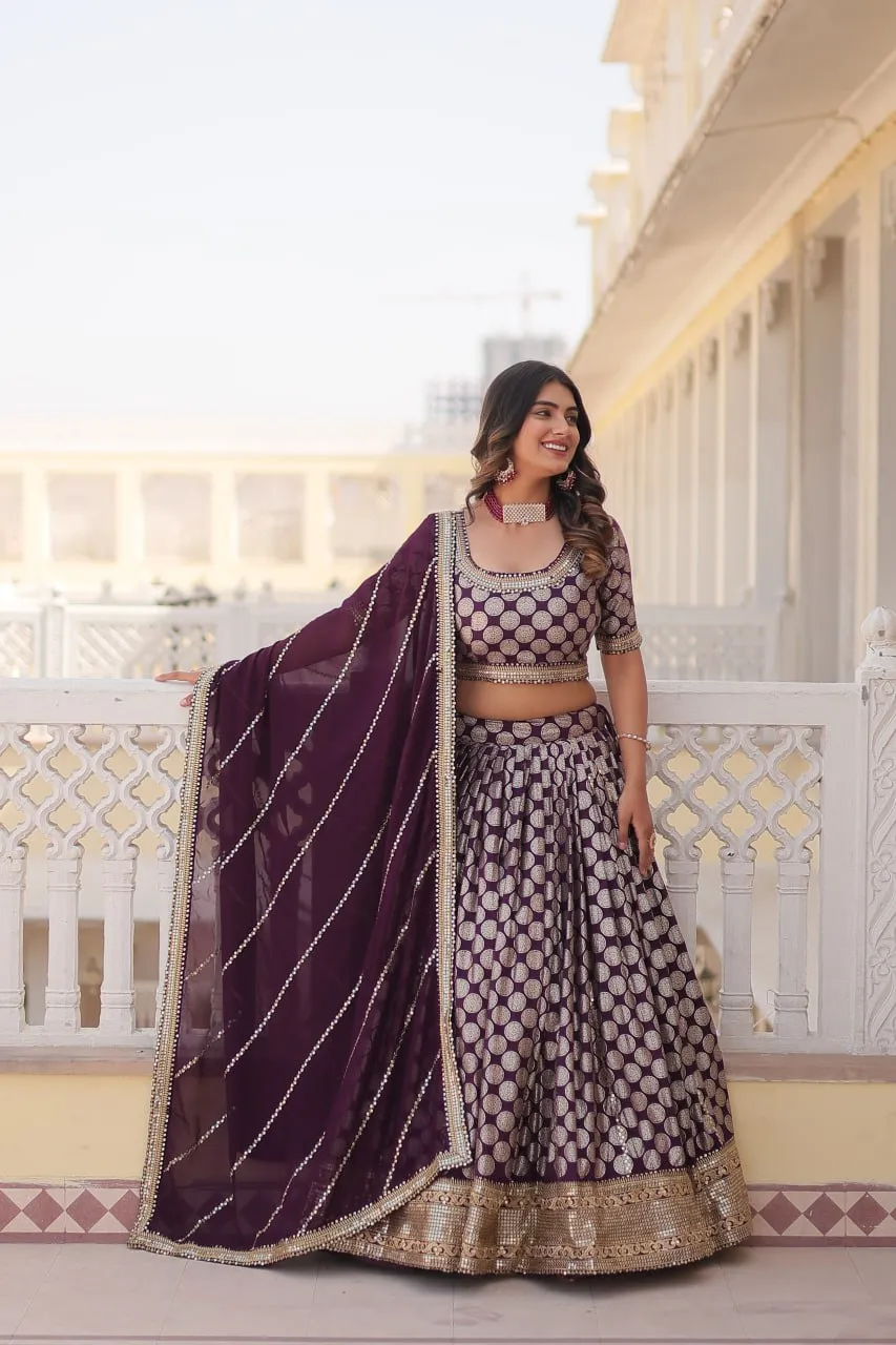 Stunning Dyeable Viscose Jacquard Wine Lehenga Set with Embroidered Sequins