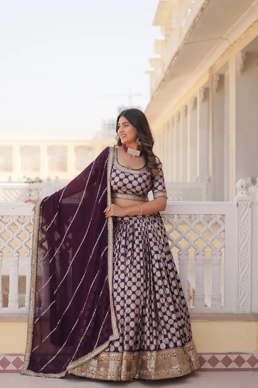Stunning Dyeable Viscose Jacquard Wine Lehenga Set with Embroidered Sequins