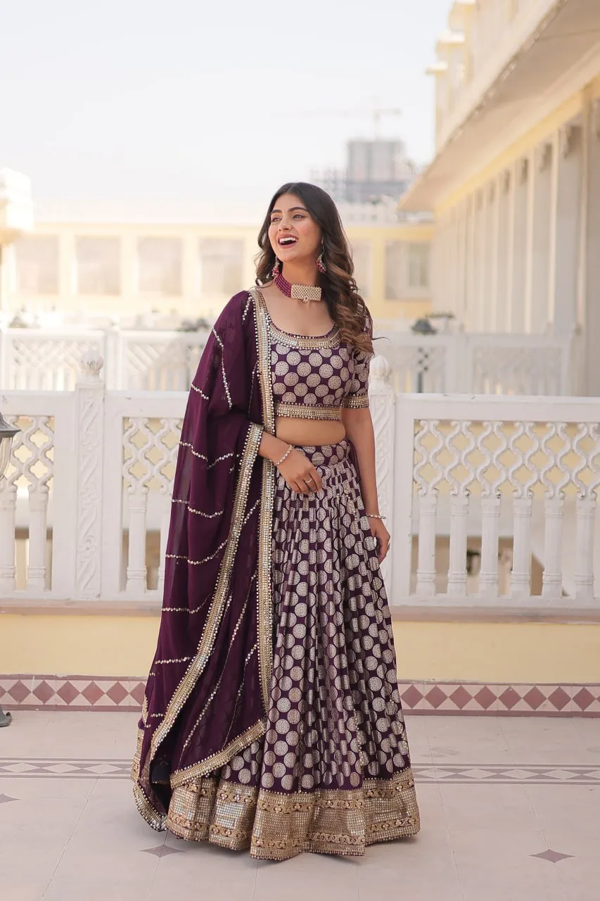Stunning Dyeable Viscose Jacquard Wine Lehenga Set with Embroidered Sequins
