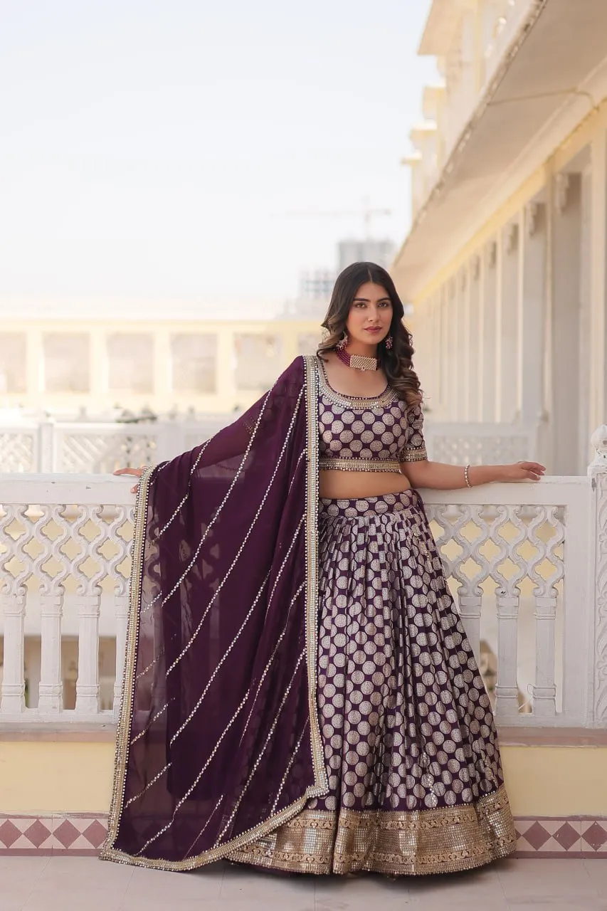 Stunning Dyeable Viscose Jacquard Wine Lehenga Set with Embroidered Sequins