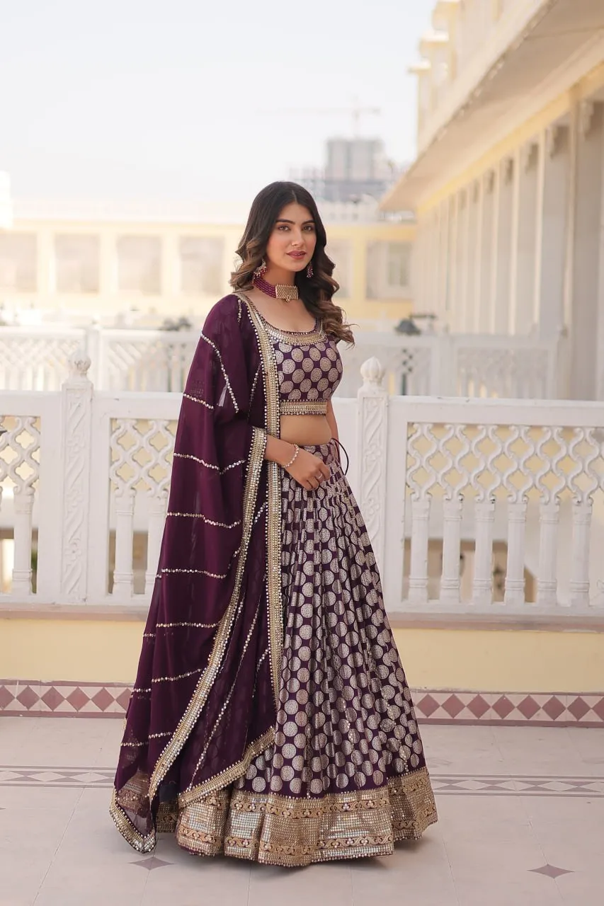 Stunning Dyeable Viscose Jacquard Wine Lehenga Set with Embroidered Sequins