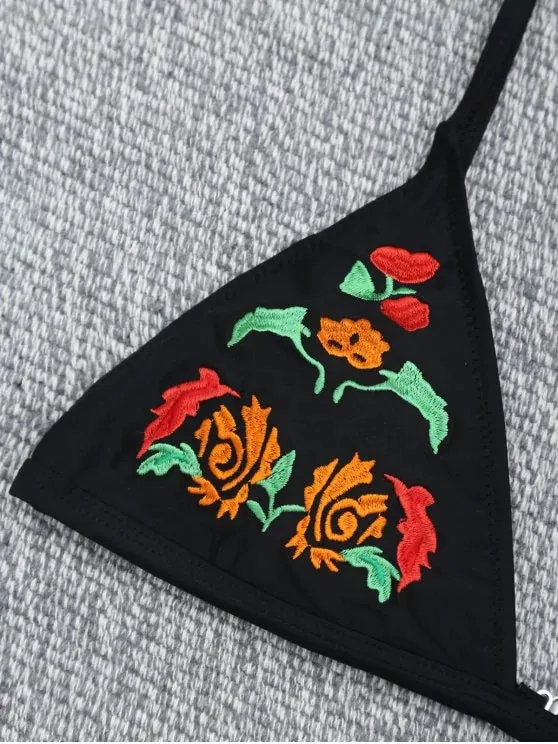Stunning Embroidered Bikini Bra with Thong String Bottoms