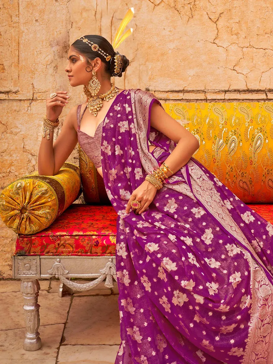 Stunning Magenta Georgette Saree with Weaving Butta Border