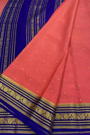 Stunning Pink & Blue Mysore Handloom Crepe Silk Saree