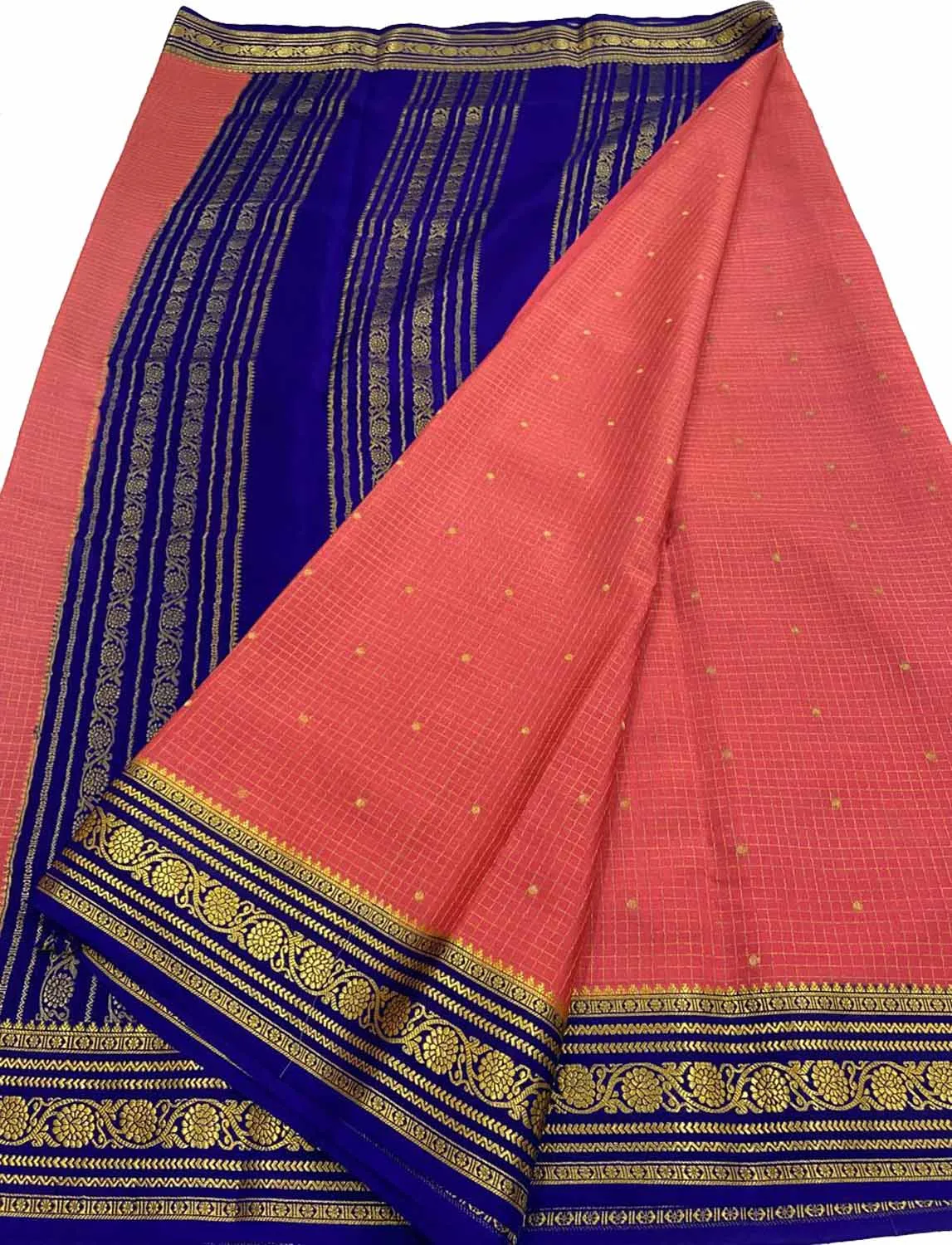 Stunning Pink & Blue Mysore Handloom Crepe Silk Saree