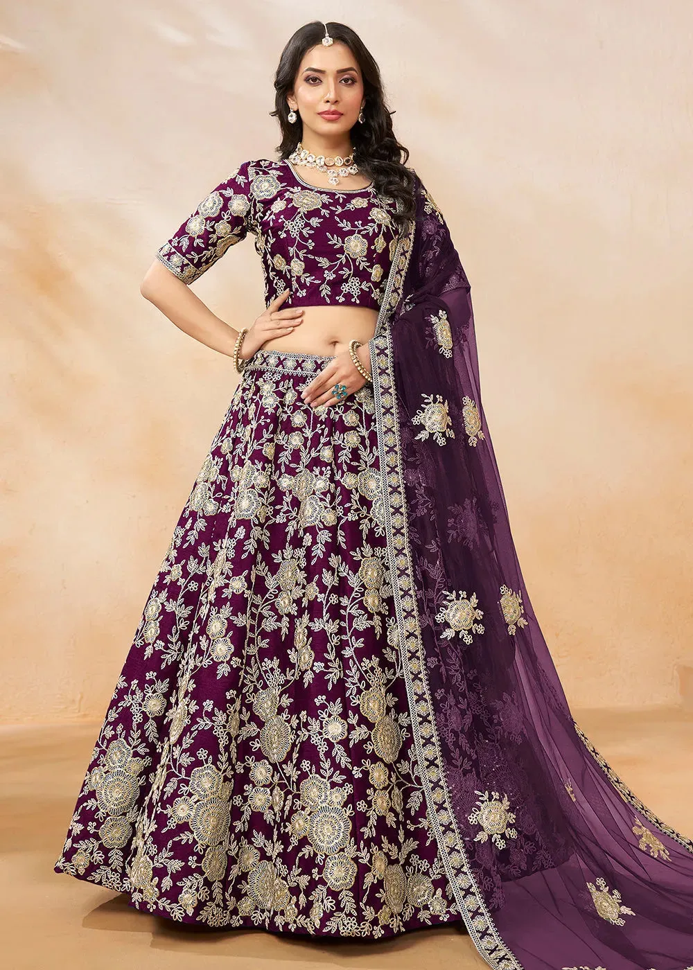 Stunning Plum Wine Embroidered Art Silk Lehenga Choli