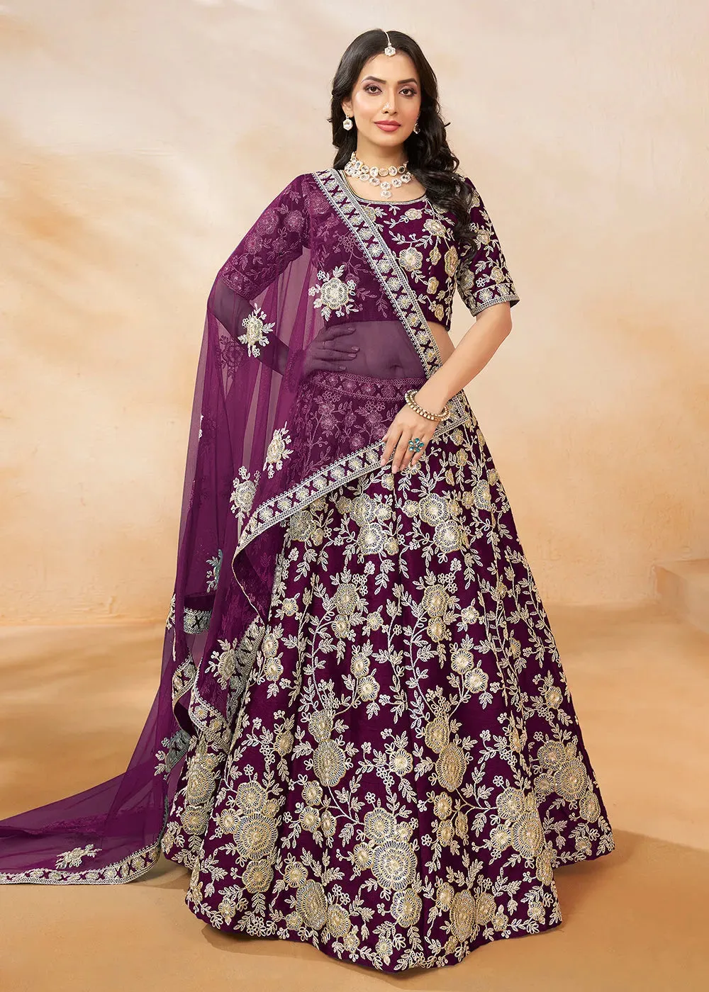 Stunning Plum Wine Embroidered Art Silk Lehenga Choli