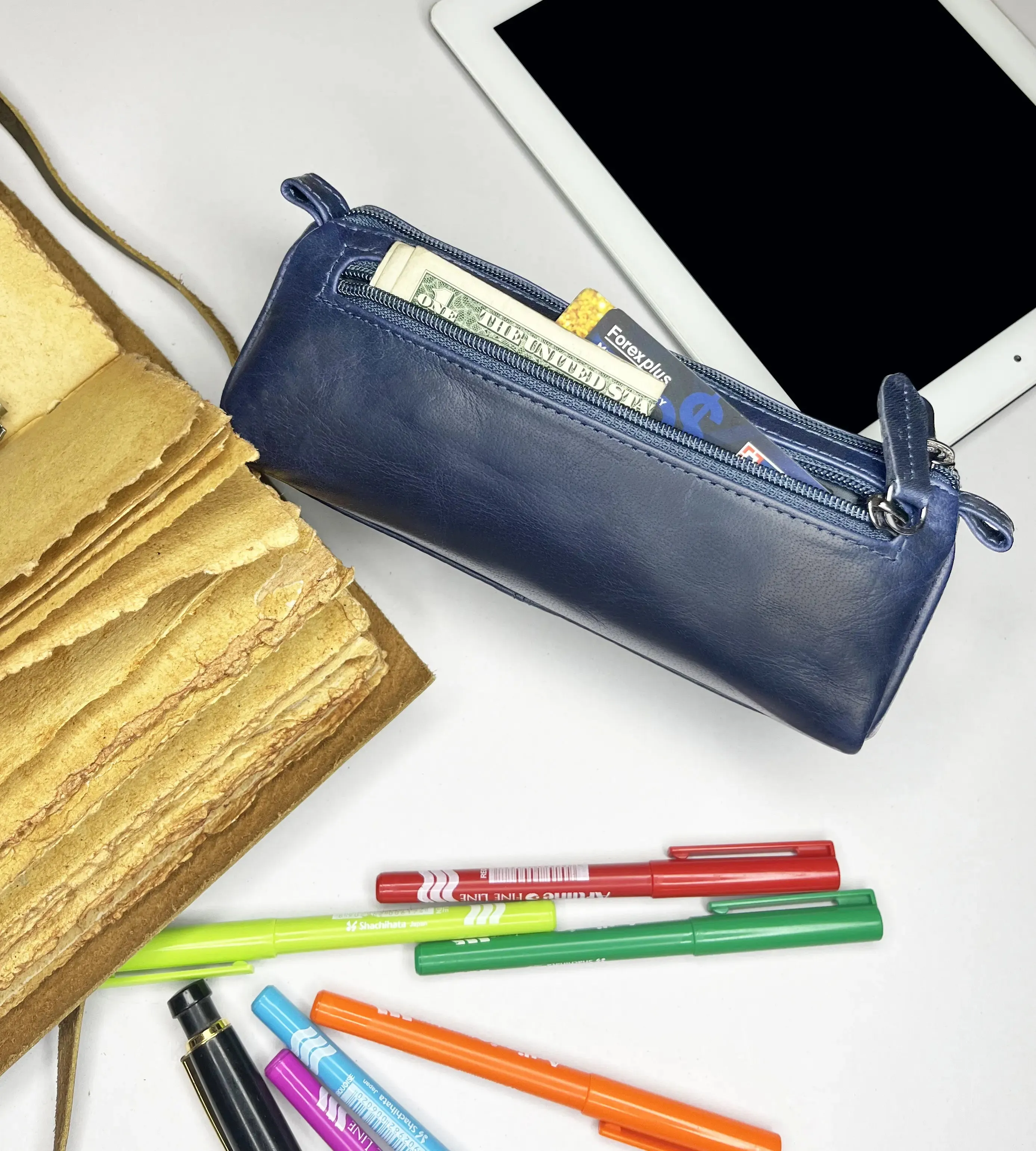 Tom Leather Pencil Case - Zippered Pen Pouch (Blue)