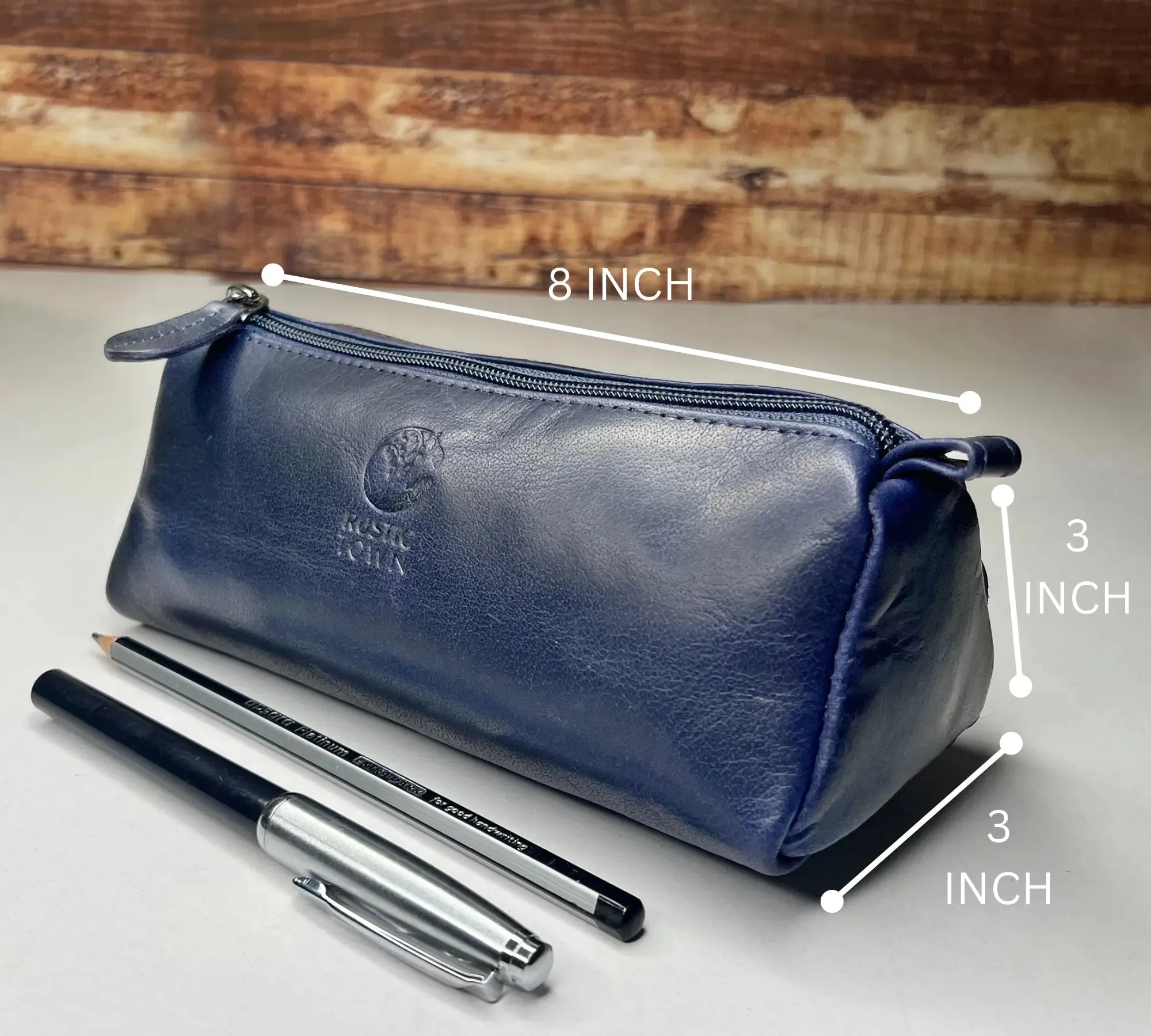 Tom Leather Pencil Case - Zippered Pen Pouch (Blue)