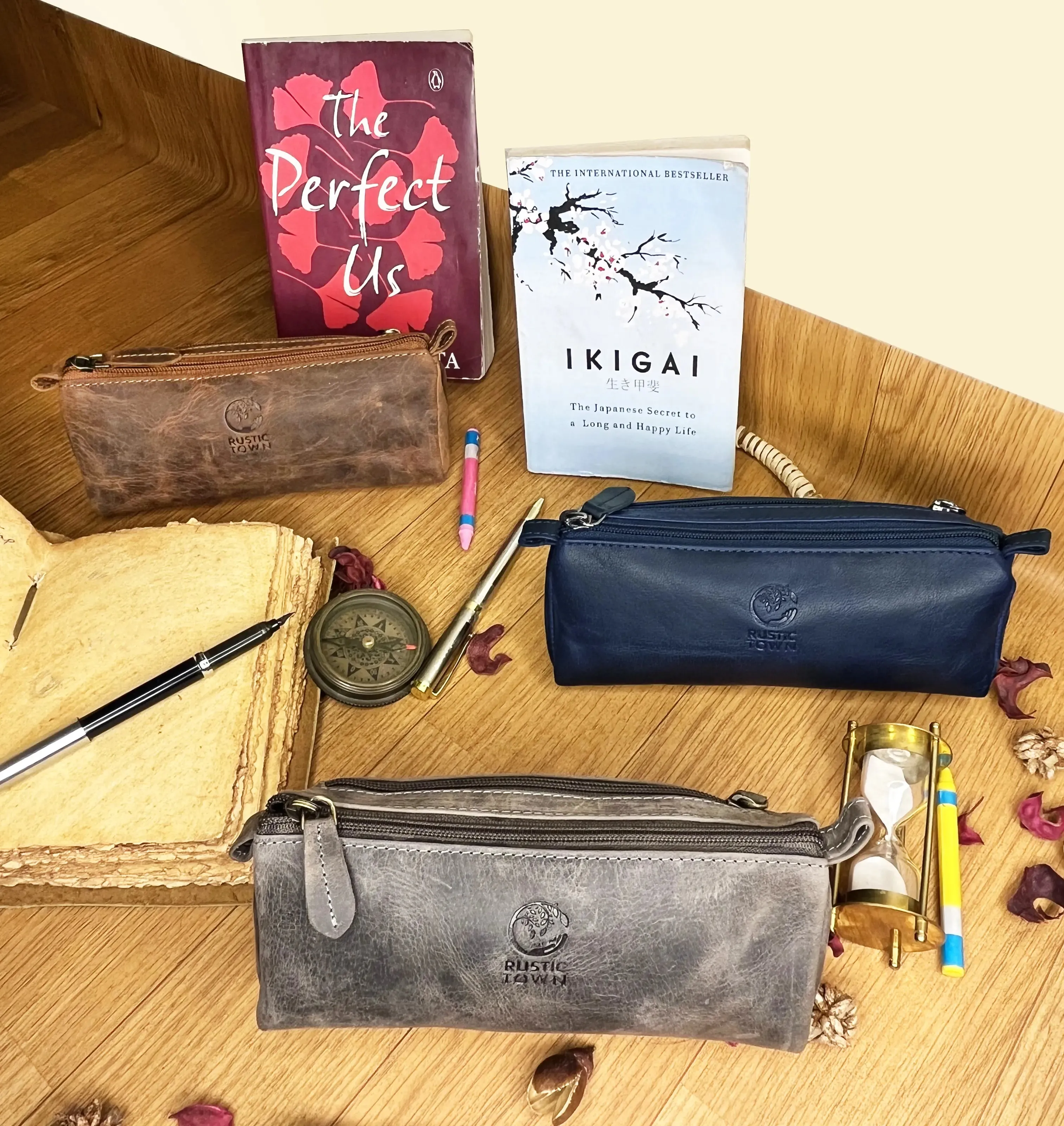 Tom Leather Pencil Case - Zippered Pen Pouch (Blue)