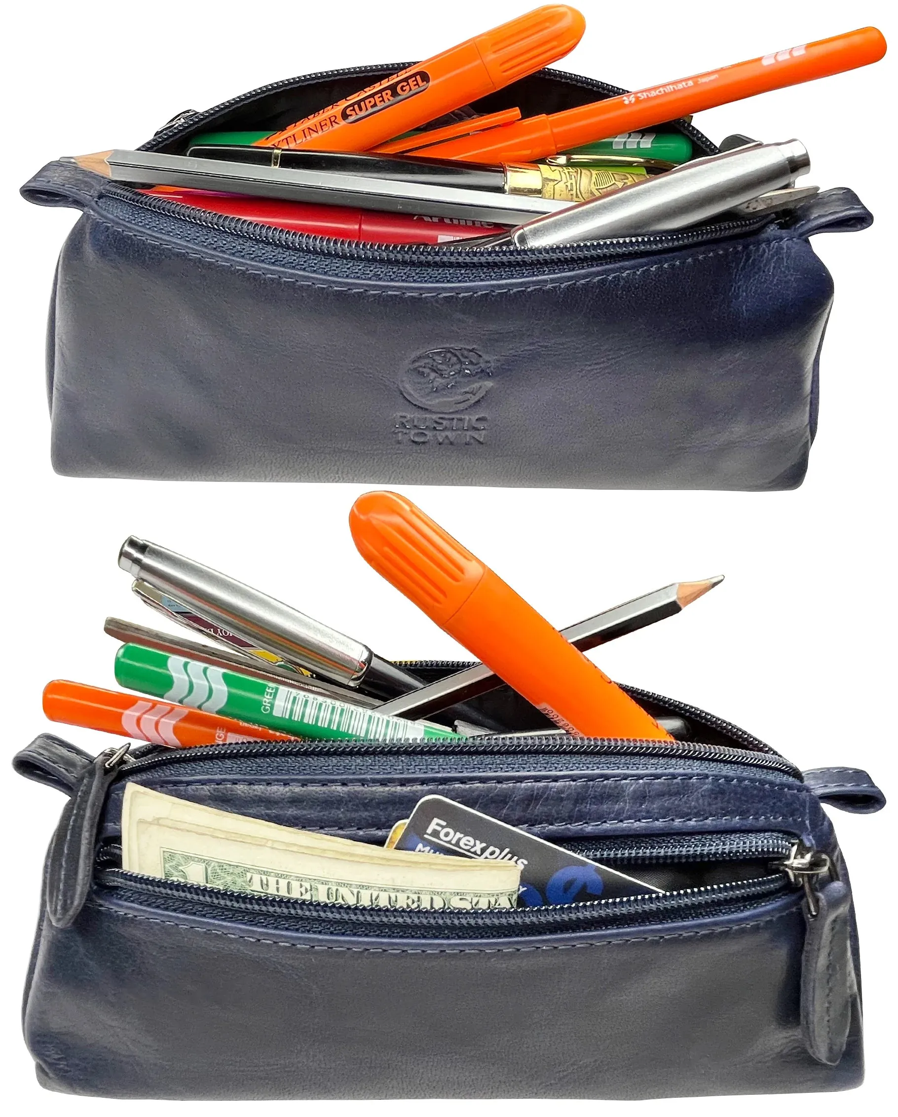 Tom Leather Pencil Case - Zippered Pen Pouch (Blue)