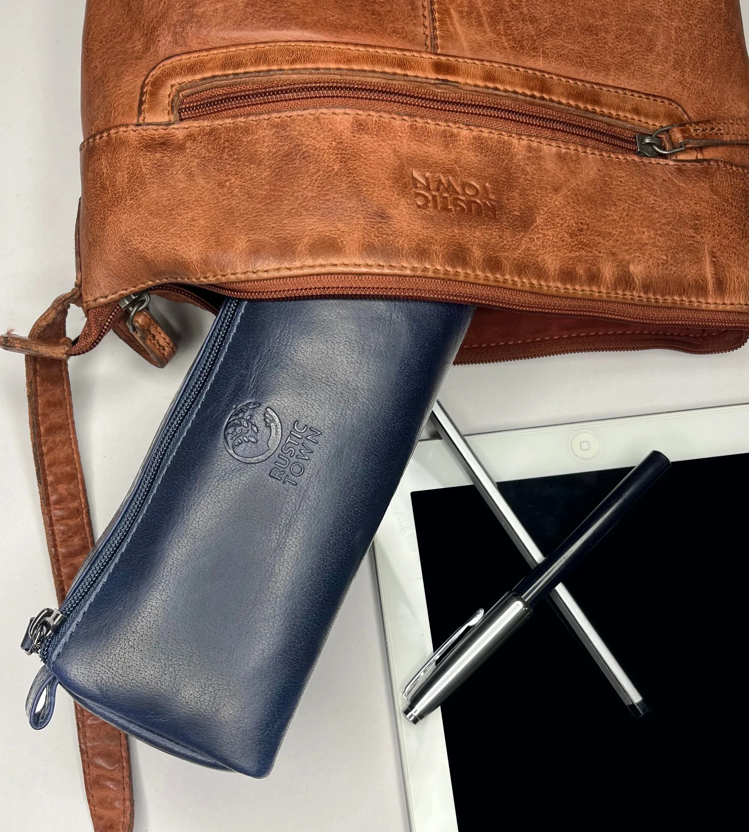 Tom Leather Pencil Case - Zippered Pen Pouch (Blue)