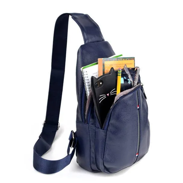 Vegan Leather Sling Bag Backpack with Adjustable Strap - Navy
