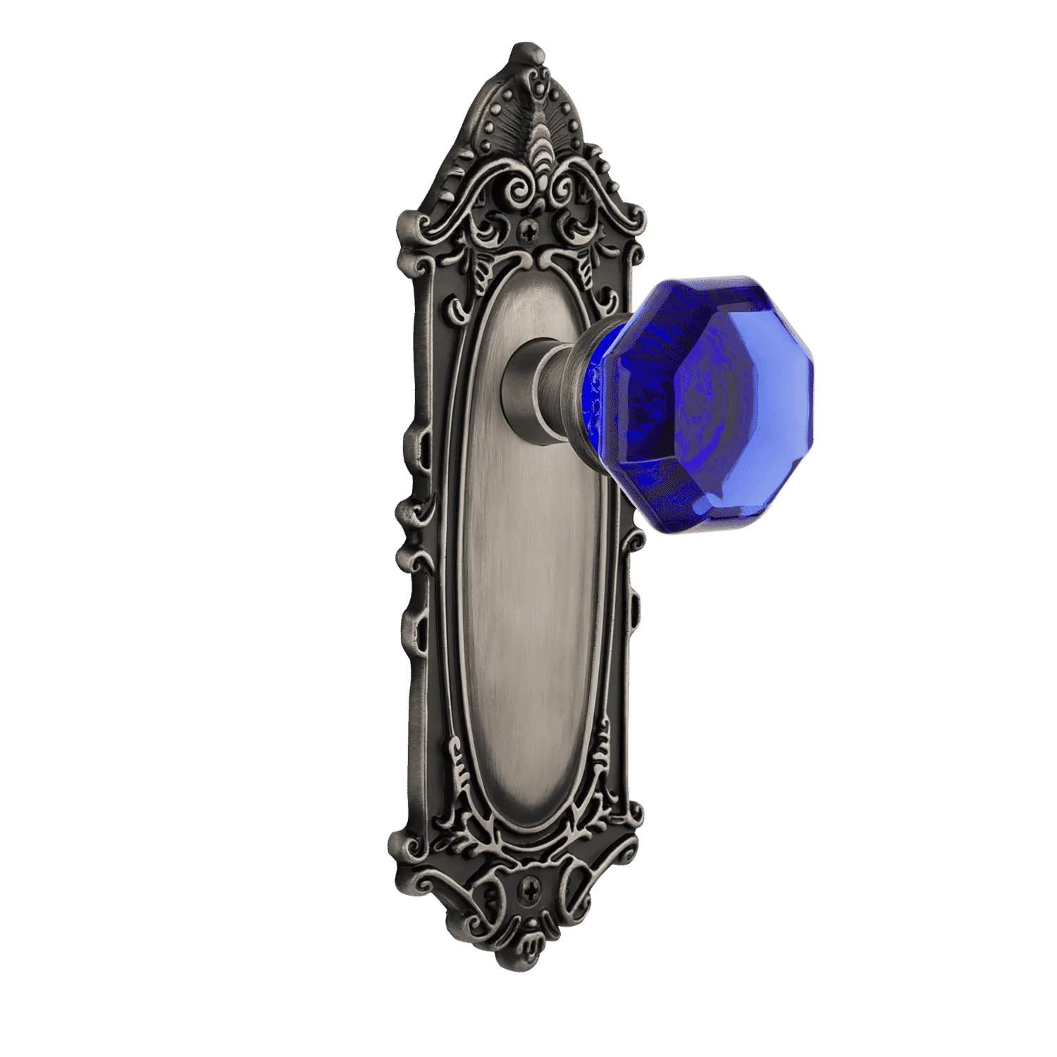 Victorian Long Plate with Cobalt Waldorf Knob in Antique Pewter