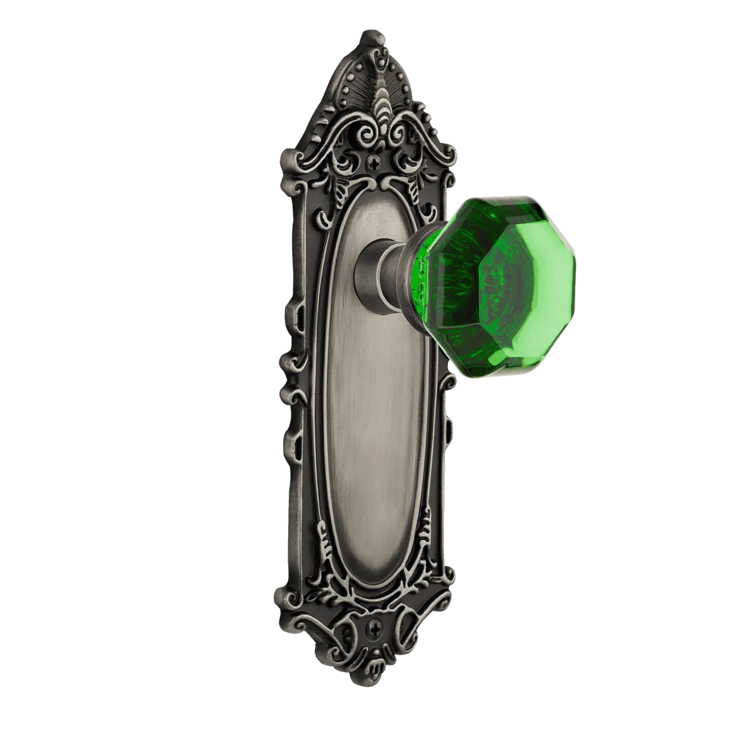 Victorian Long Plate with Emerald Waldorf Knob in Antique Pewter