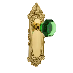 Victorian Long Plate with Emerald Waldorf Knob in Polished Brass