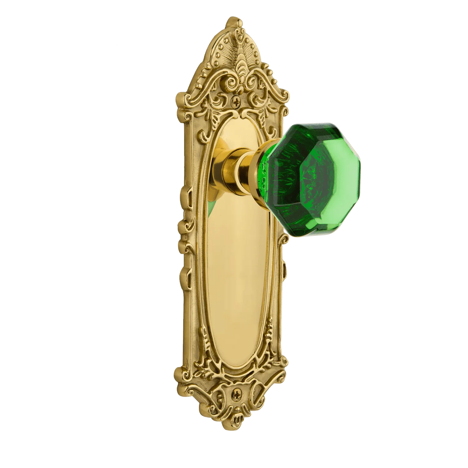 Victorian Long Plate with Emerald Waldorf Knob in Polished Brass