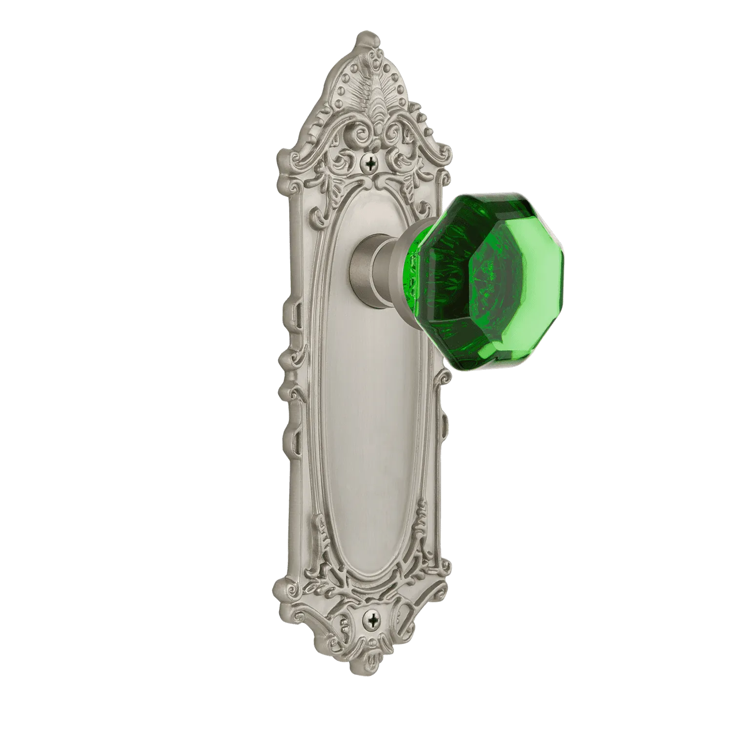 Victorian Long Plate with Emerald Waldorf Knob in Satin Nickel