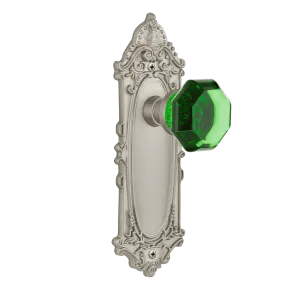 Victorian Long Plate with Emerald Waldorf Knob in Satin Nickel