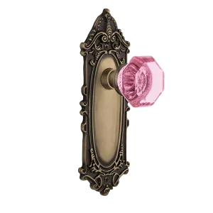 Victorian Long Plate with Pink Waldorf Knob in Antique Brass