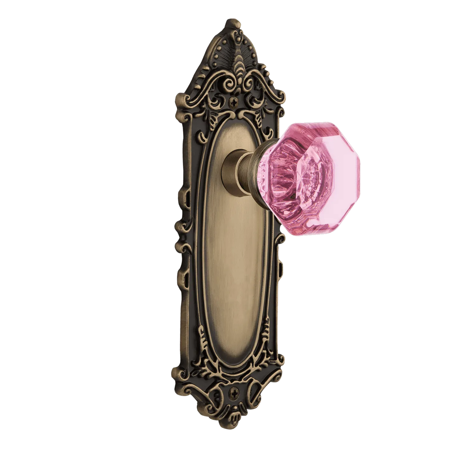 Victorian Long Plate with Pink Waldorf Knob in Antique Brass