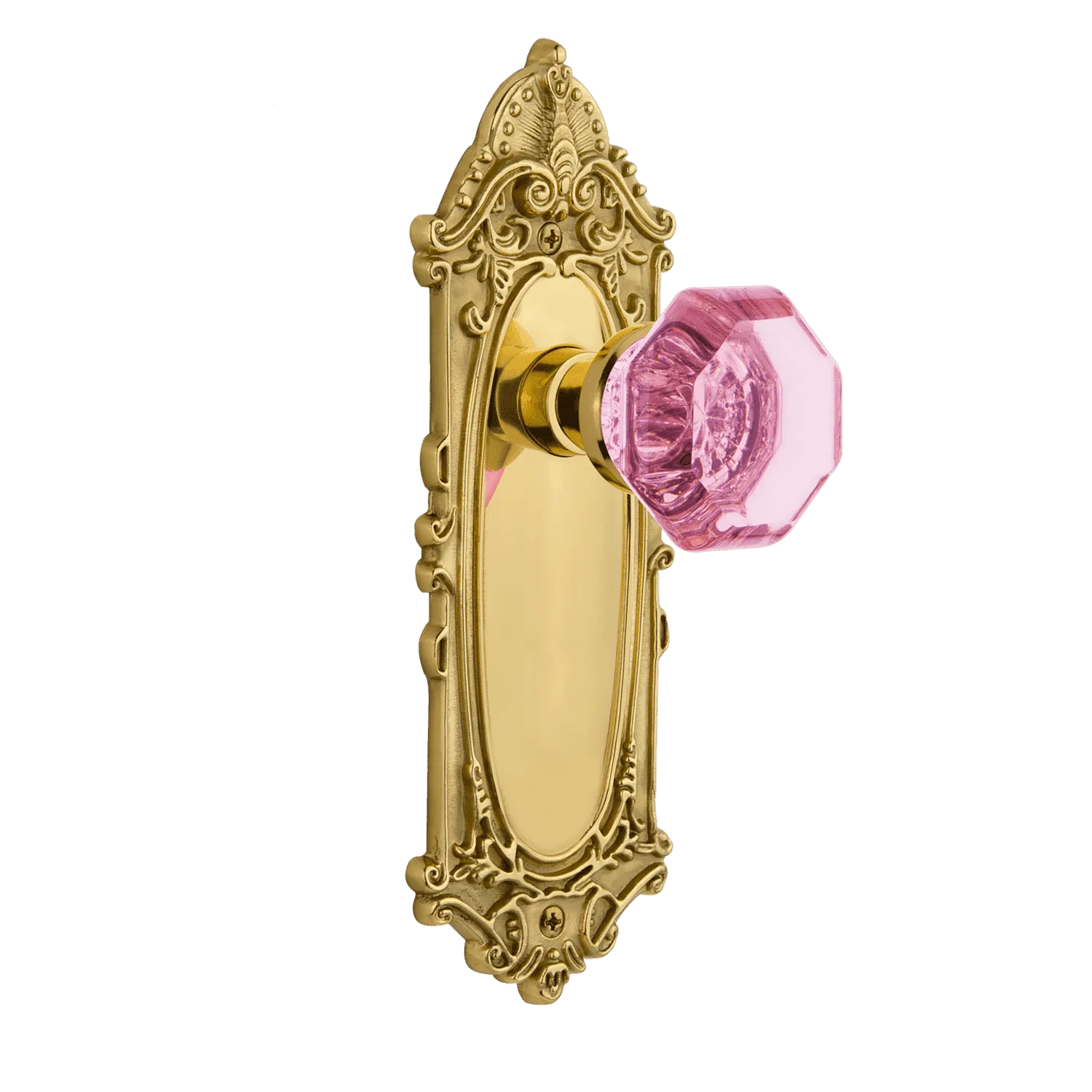 Victorian Long Plate with Pink Waldorf Knob in Unlacquered Brass