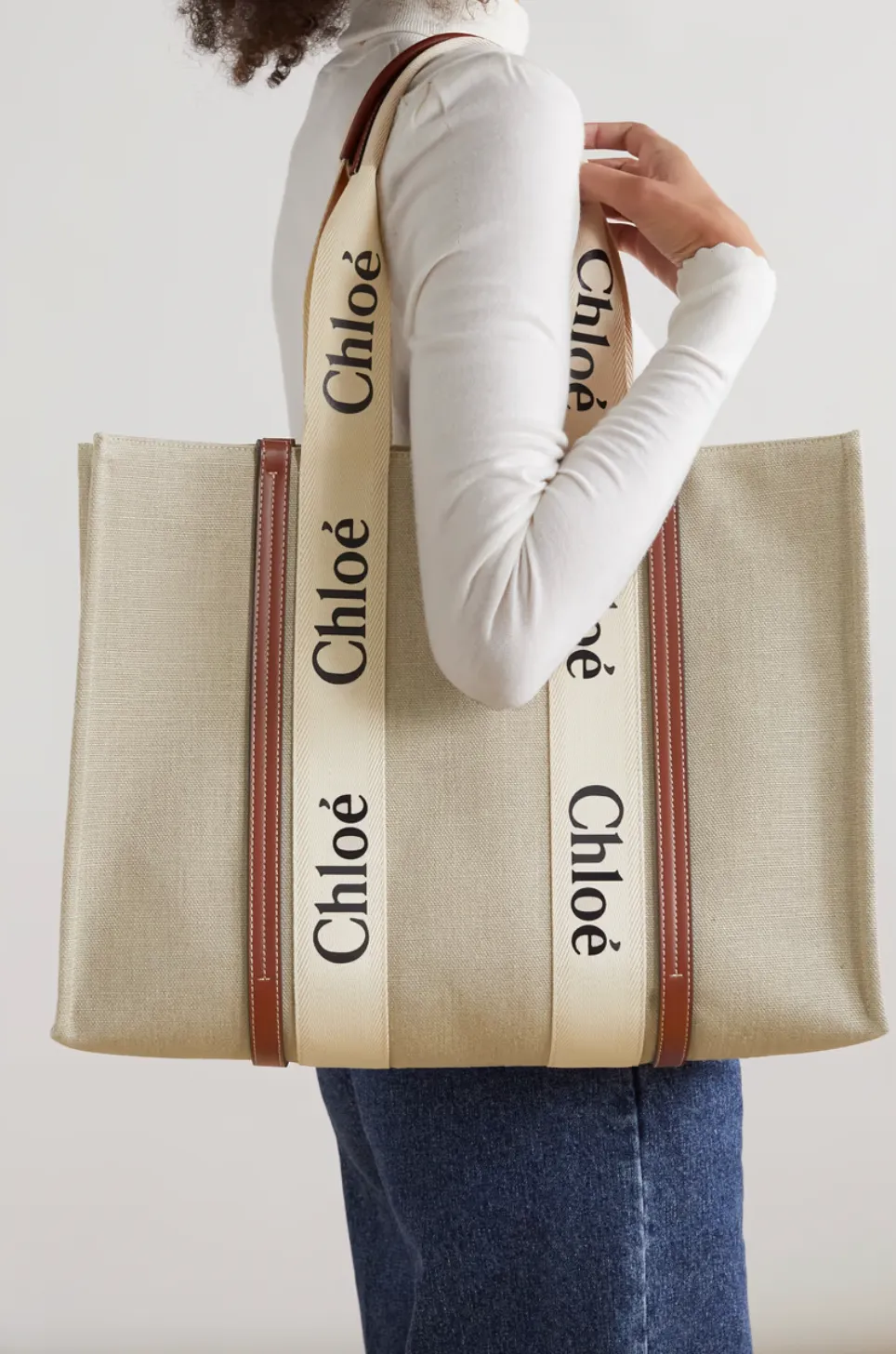 Woody large leather-trimmed linen tote